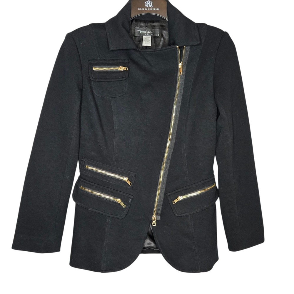 Cache Contour Collection Black Moto Blazer Jacket Women's Small Gold Zip Accents